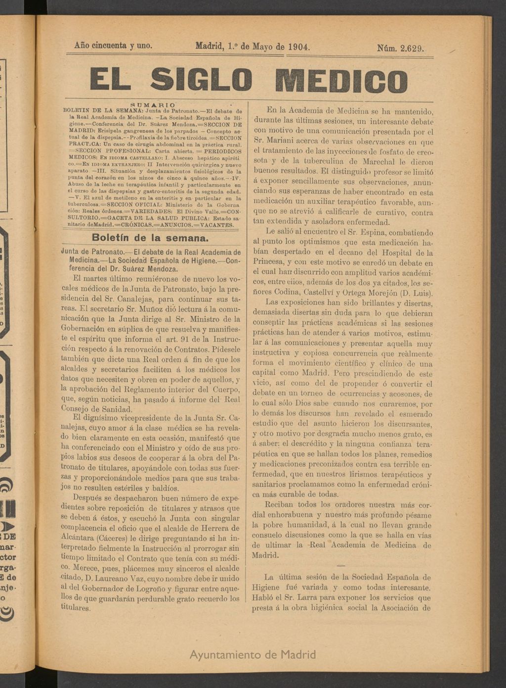 Miniatura de El Siglo Médico: boletín de medicina y gaceta médica del 1 de mayo de 1904