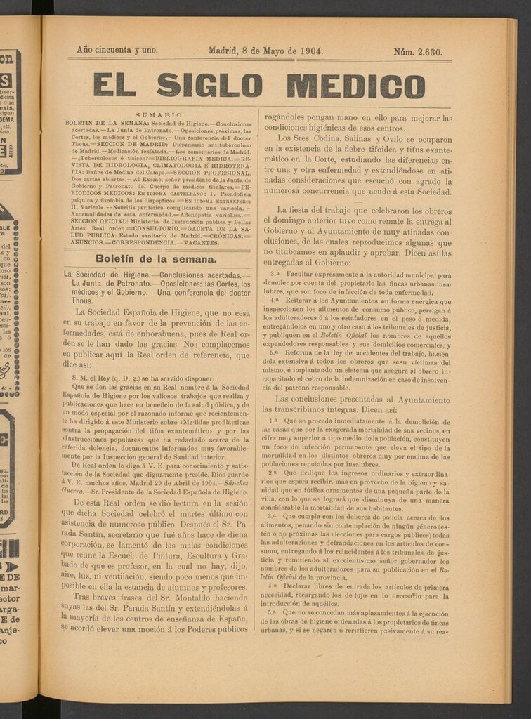 Miniatura de El Siglo Médico: boletín de medicina y gaceta médica del 8 de mayo de 1904