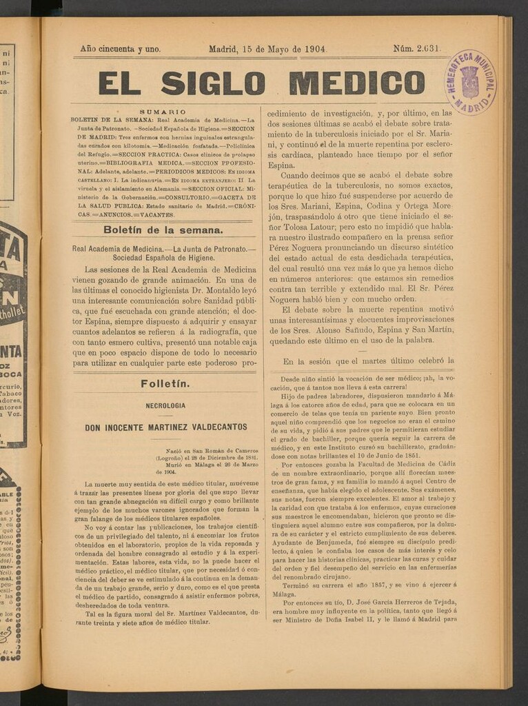 Miniatura de El Siglo Médico: boletín de medicina y gaceta médica del 15 de mayo de 1904