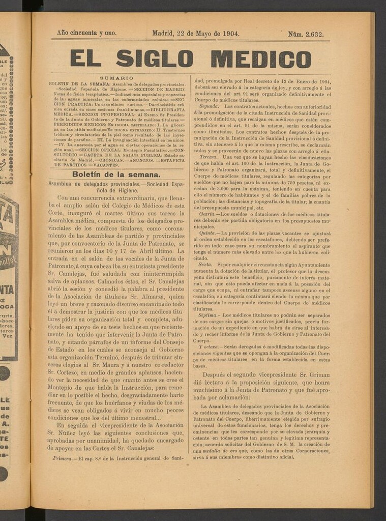 Miniatura de El Siglo Médico: boletín de medicina y gaceta médica del 22 de mayo de 1904