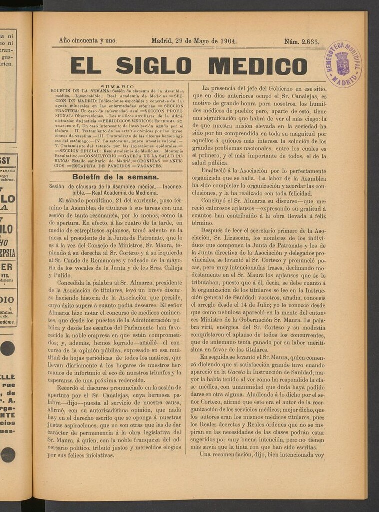 Miniatura de El Siglo Médico: boletín de medicina y gaceta médica del 29 de mayo de 1904