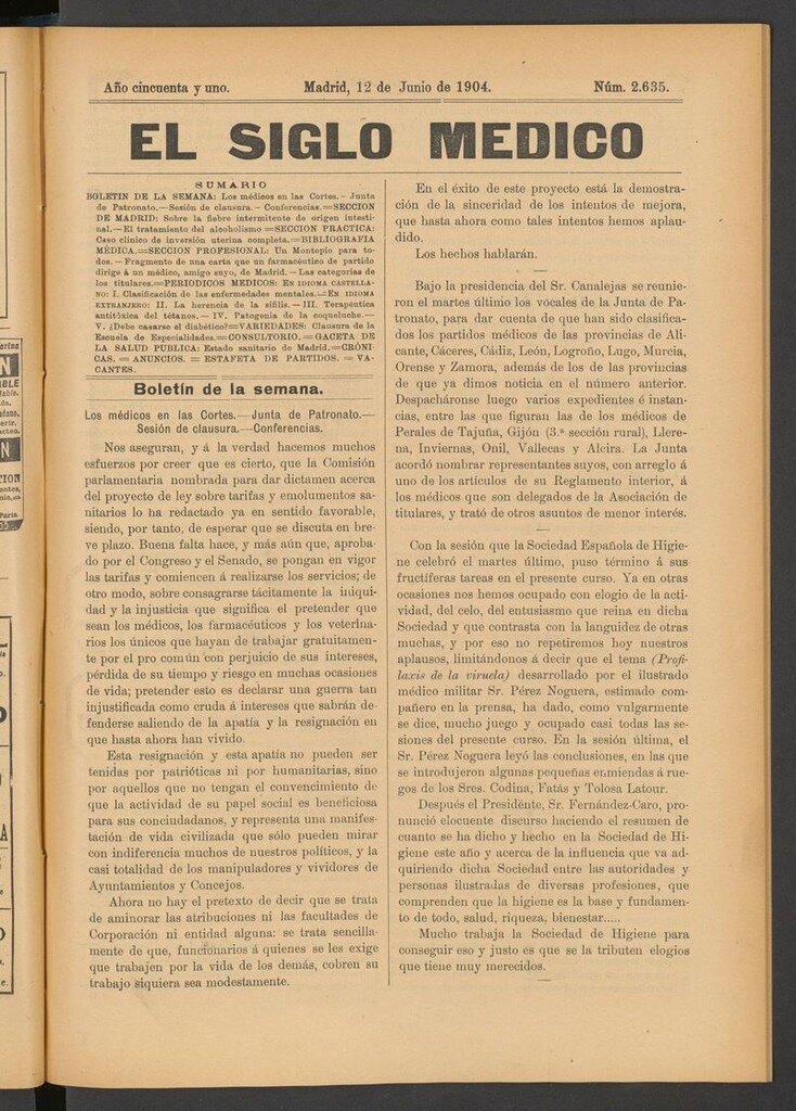 Miniatura de El Siglo Médico: boletín de medicina y gaceta médica del 12 de junio de 1904