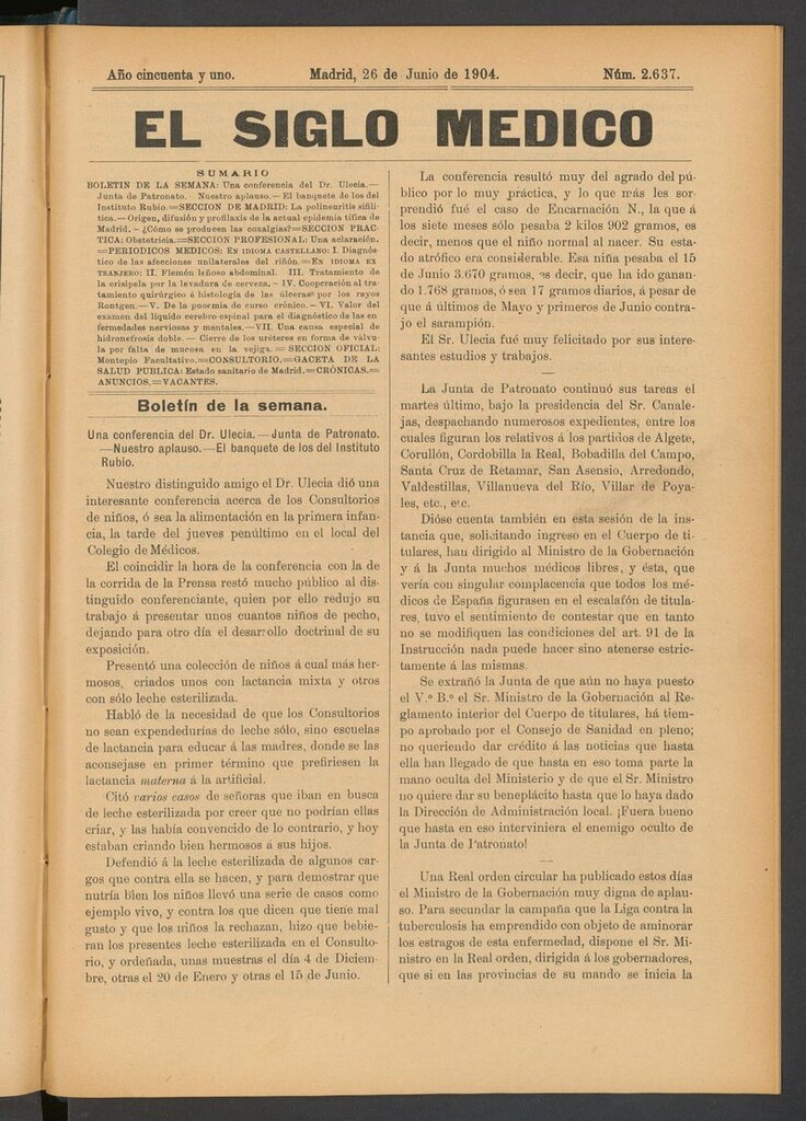 Miniatura de El Siglo Médico: boletín de medicina y gaceta médica del 26 de junio de 1904