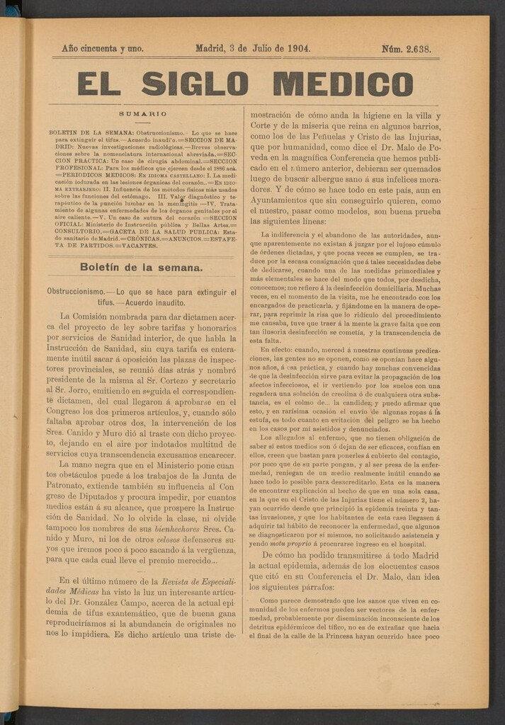 Miniatura de El Siglo Médico: boletín de medicina y gaceta médica del 3 de julio de 1904