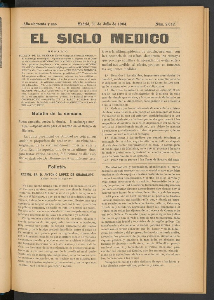 Miniatura de El Siglo Médico: boletín de medicina y gaceta médica del 31 de julio de 1904