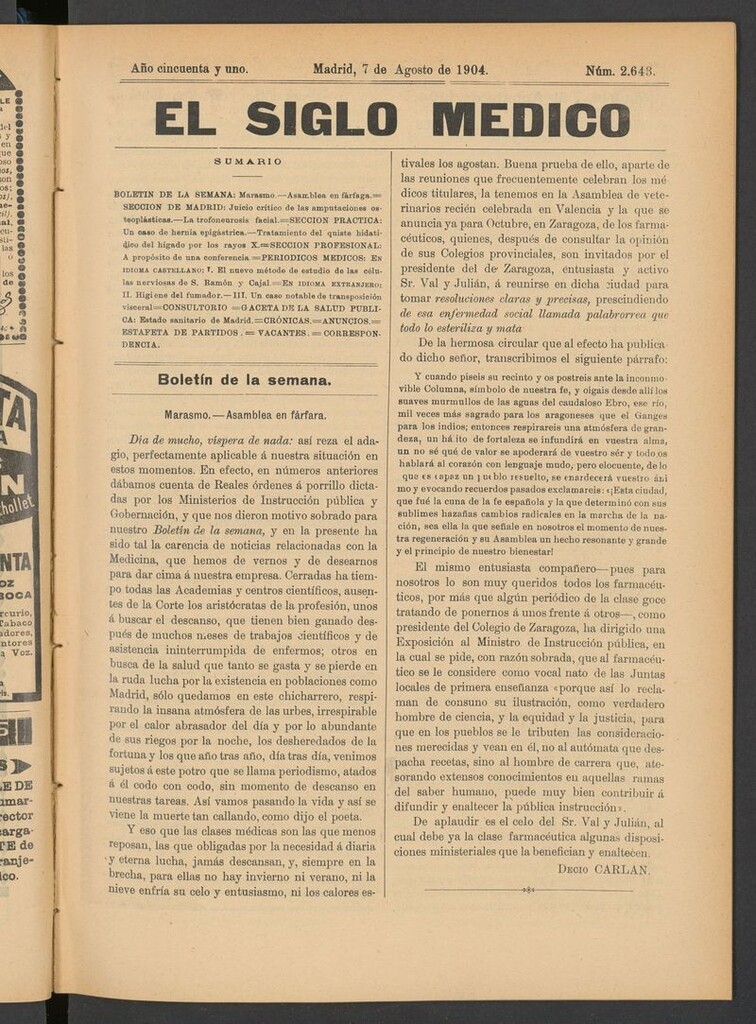 Miniatura de El Siglo Médico: boletín de medicina y gaceta médica del 7 de agosto de 1904