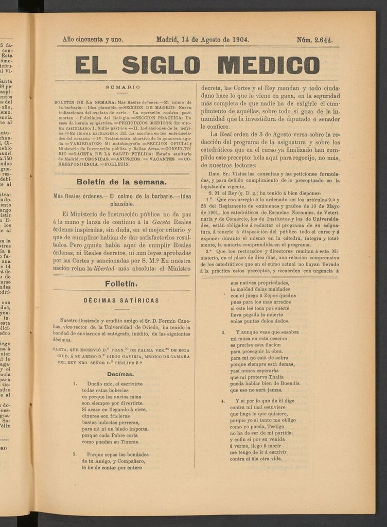 Miniatura de El Siglo Médico: boletín de medicina y gaceta médica del 14 de agosto de 1904