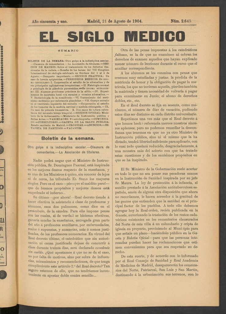 Miniatura de El Siglo Médico: boletín de medicina y gaceta médica del 21 de agosto de 1904