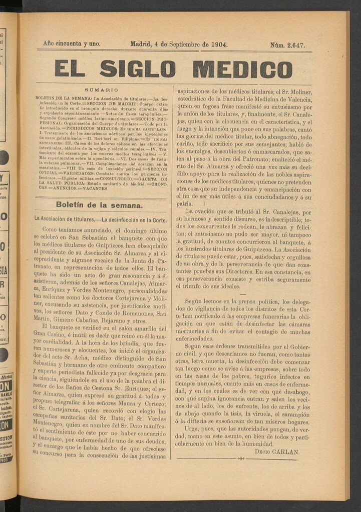Miniatura de El Siglo Médico: boletín de medicina y gaceta médica del 4 de septiembre de 1904