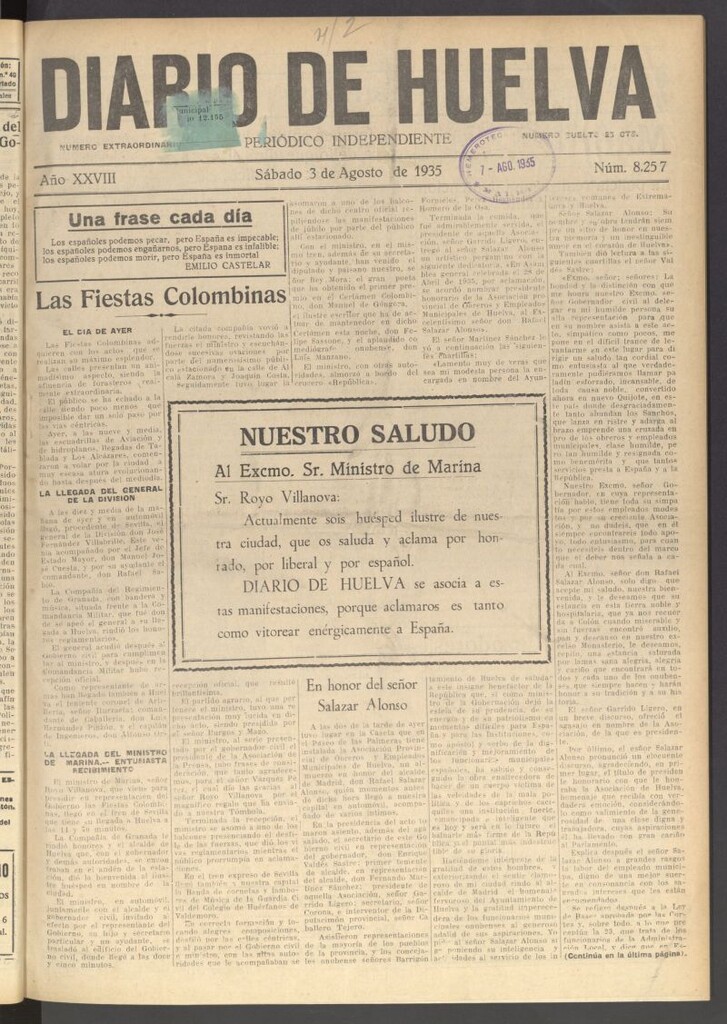 Miniatura de Diario de Huelva : periódico independiente del 3 de agosto de 1935