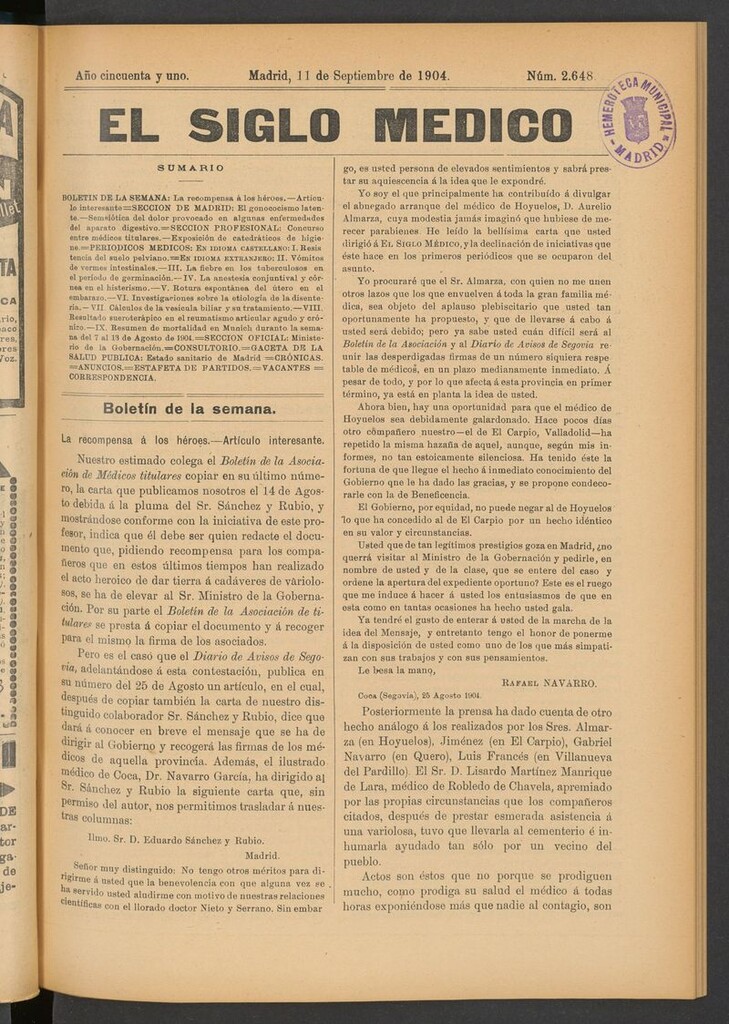 Miniatura de El Siglo Médico: boletín de medicina y gaceta médica del 11 de septiembre de 1904