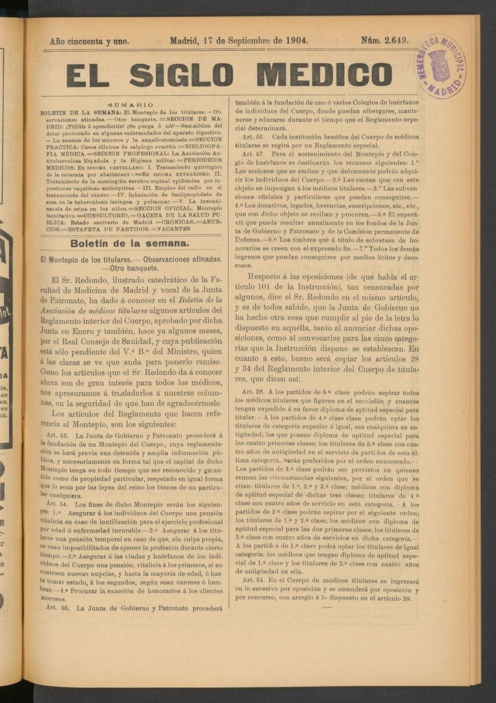 Miniatura de El Siglo Médico: boletín de medicina y gaceta médica del 17 de septiembre de 1904