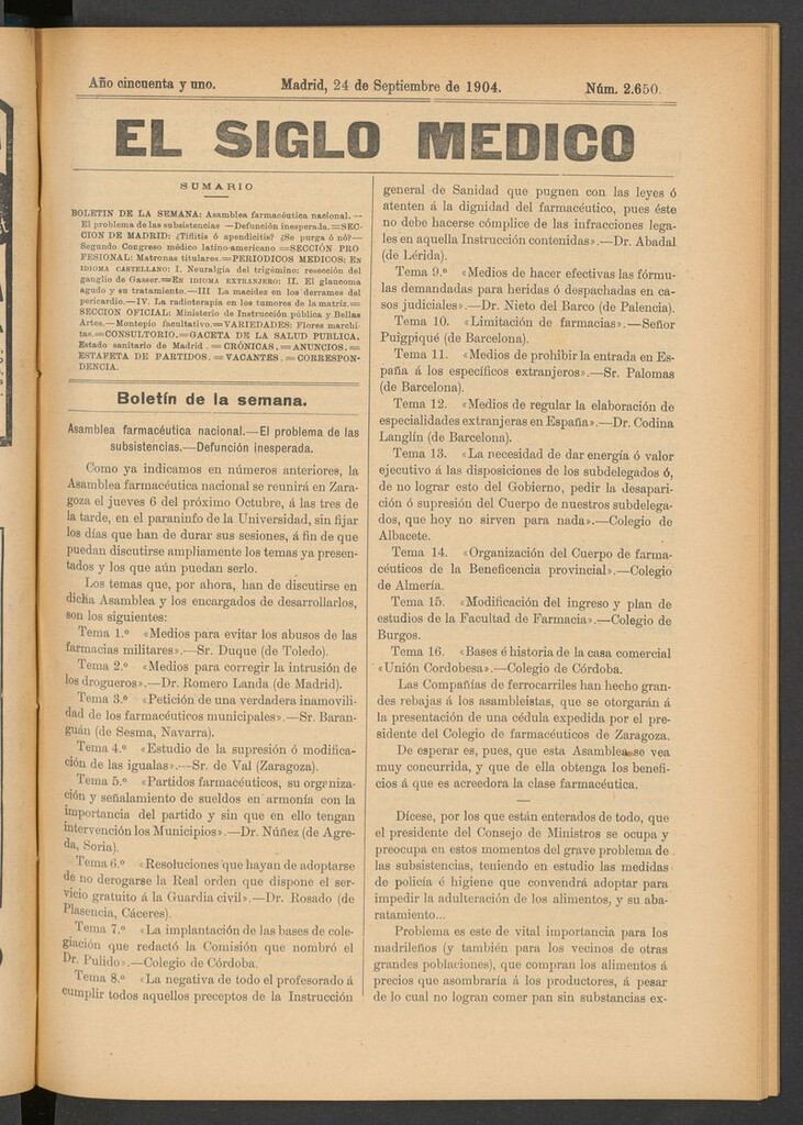 Miniatura de El Siglo Médico: boletín de medicina y gaceta médica del 24 de septiembre de 1904