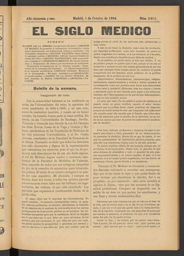 Miniatura de El Siglo Médico: boletín de medicina y gaceta médica del 8 de octubre de 1904
