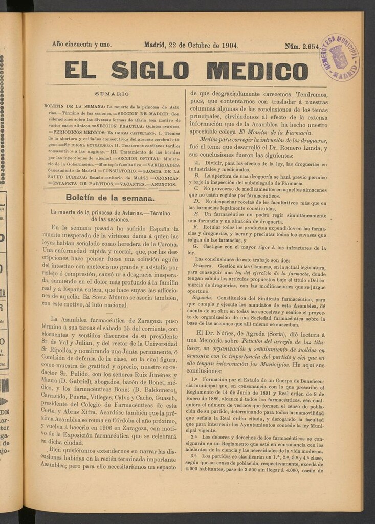Miniatura de El Siglo Médico: boletín de medicina y gaceta médica del 22 de octubre de 1904