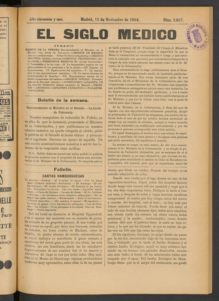 Miniatura de El Siglo Médico: boletín de medicina y gaceta médica del 12 de noviembre de 1904