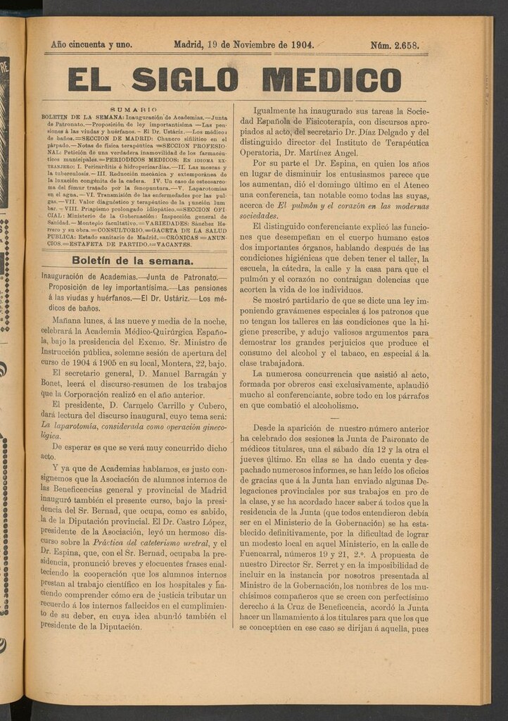 Miniatura de El Siglo Médico: boletín de medicina y gaceta médica del 19 de noviembre de 1904
