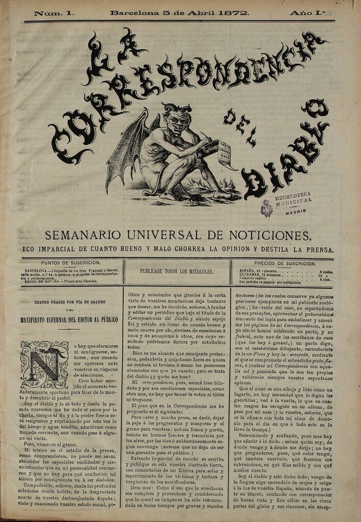 Miniatura de La Correspondencia del Diablo: semanario oficial de noticiones: eco imparcial de cuanto bueno y malo chorrea la opinión y destila la prensa.