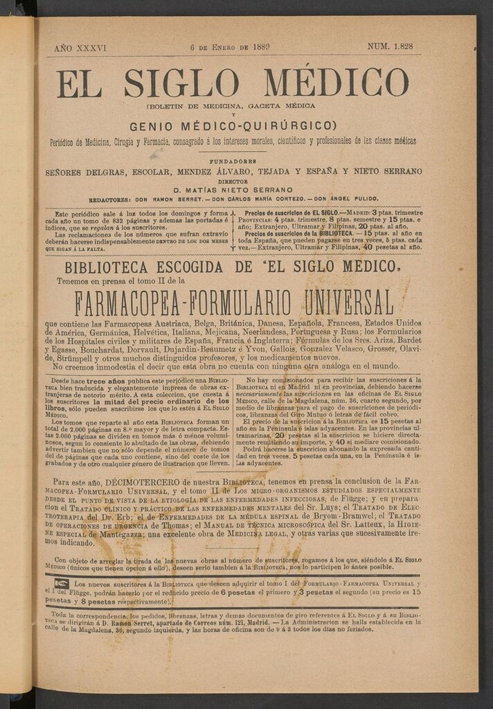 Miniatura de El Siglo Médico: boletín de medicina y gaceta médica del 6 de enero de 1889
