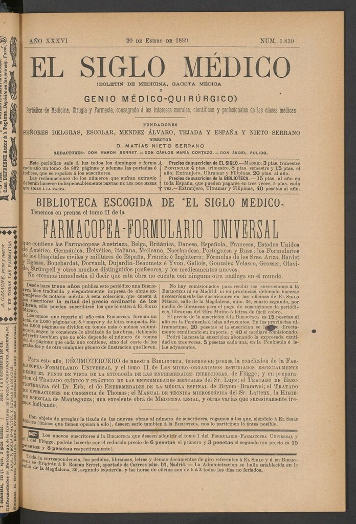 Miniatura de El Siglo Médico: boletín de medicina y gaceta médica del 20 de enero de 1889