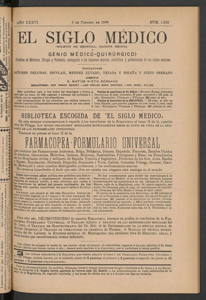 Miniatura de El Siglo Médico: boletín de medicina y gaceta médica del 3 de febrero de 1889
