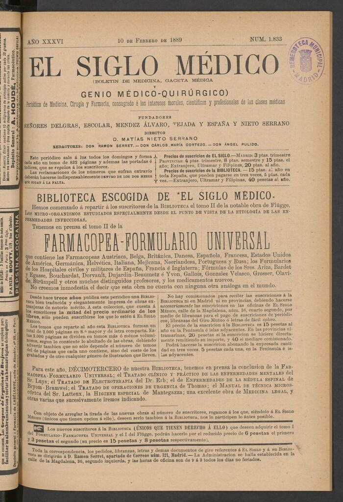 Miniatura de El Siglo Médico: boletín de medicina y gaceta médica del 10 de febrero de 1889