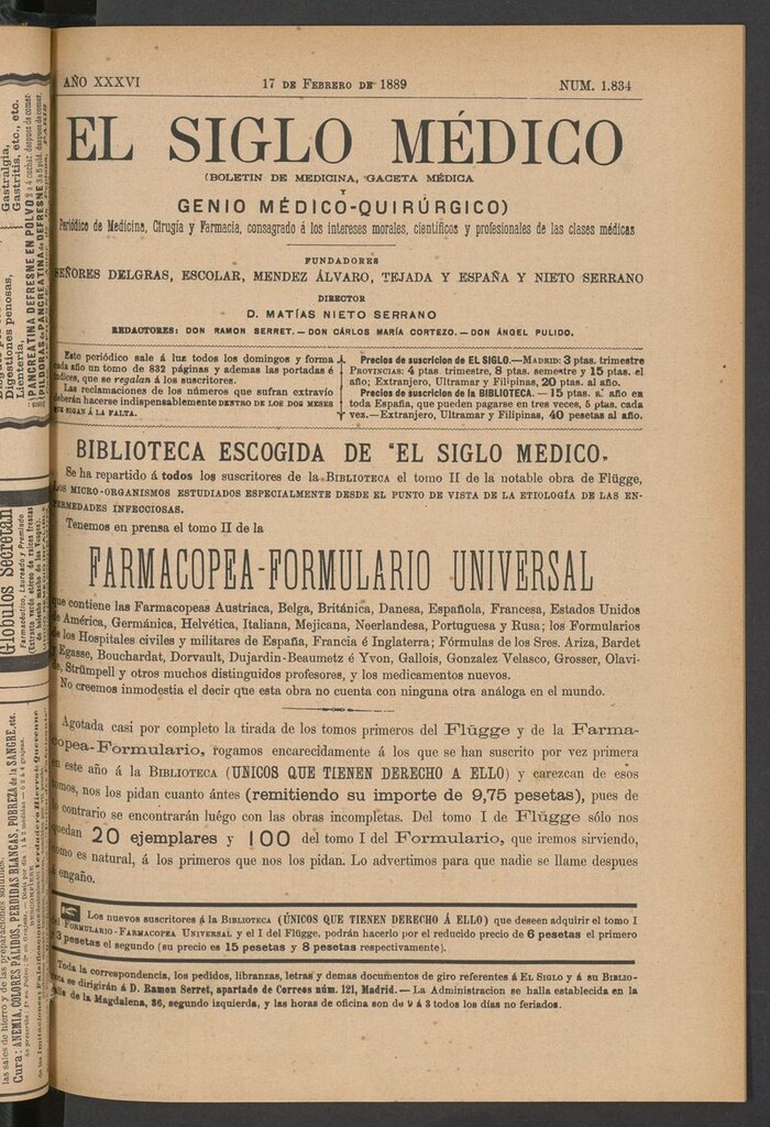 Miniatura de El Siglo Médico: boletín de medicina y gaceta médica del 17 de febrero de 1889