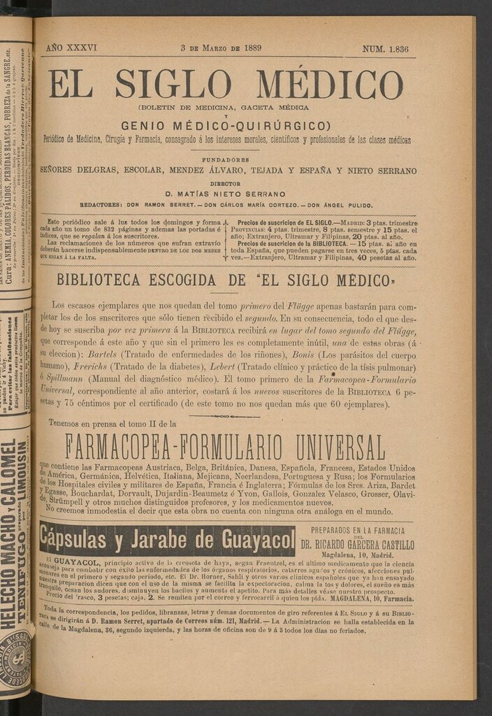 Miniatura de El Siglo Médico: boletín de medicina y gaceta médica del 3 de marzo de 1889