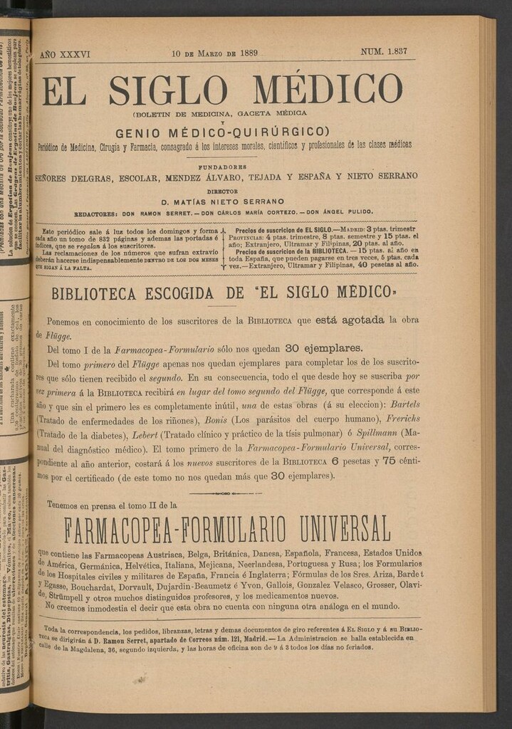 Miniatura de El Siglo Médico: boletín de medicina y gaceta médica del 10 de marzo de 1889