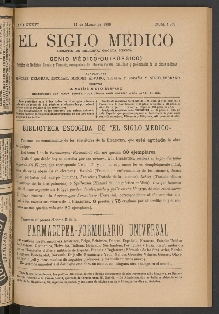 Miniatura de El Siglo Médico: boletín de medicina y gaceta médica del 17 de marzo de 1889