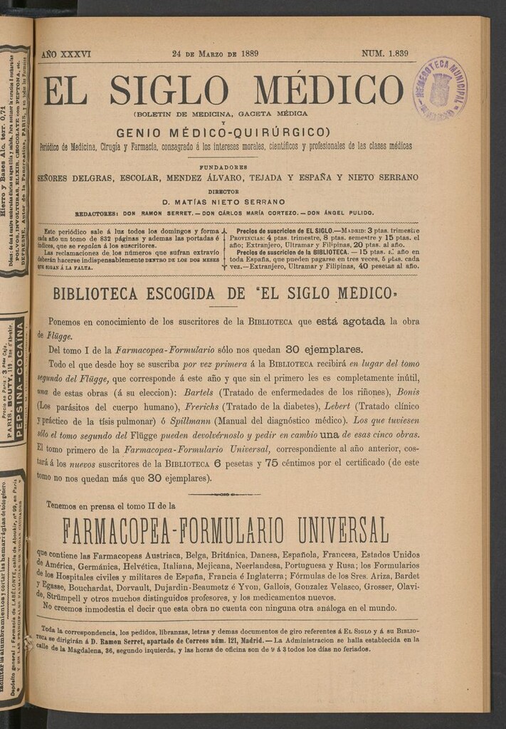 Miniatura de El Siglo Médico: boletín de medicina y gaceta médica del 24 de marzo de 1889