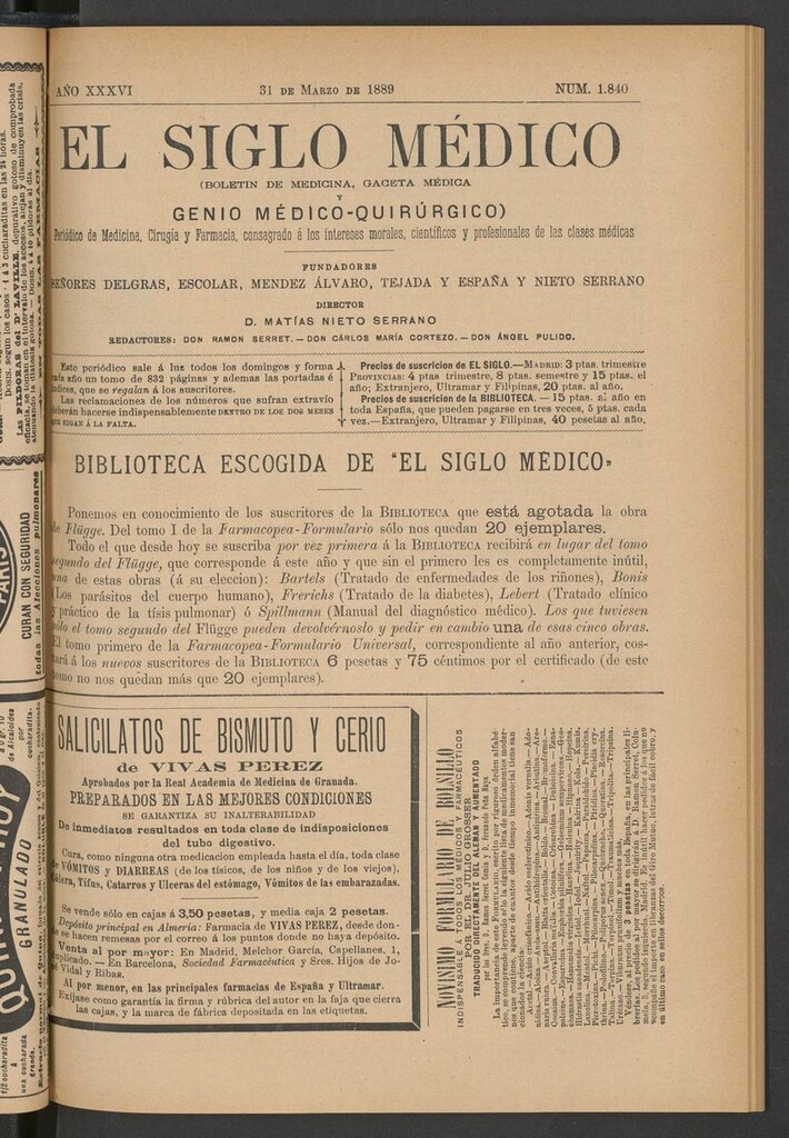 Miniatura de El Siglo Médico: boletín de medicina y gaceta médica del 31 de marzo de 1889