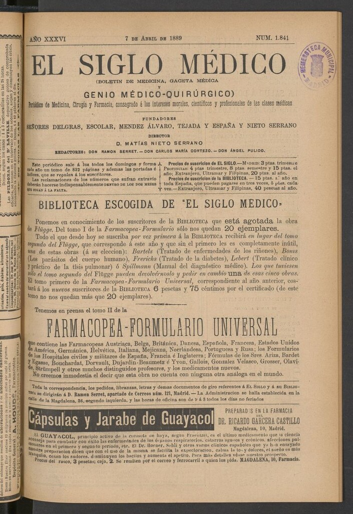 Miniatura de El Siglo Médico: boletín de medicina y gaceta médica del 7 de abril de 1889