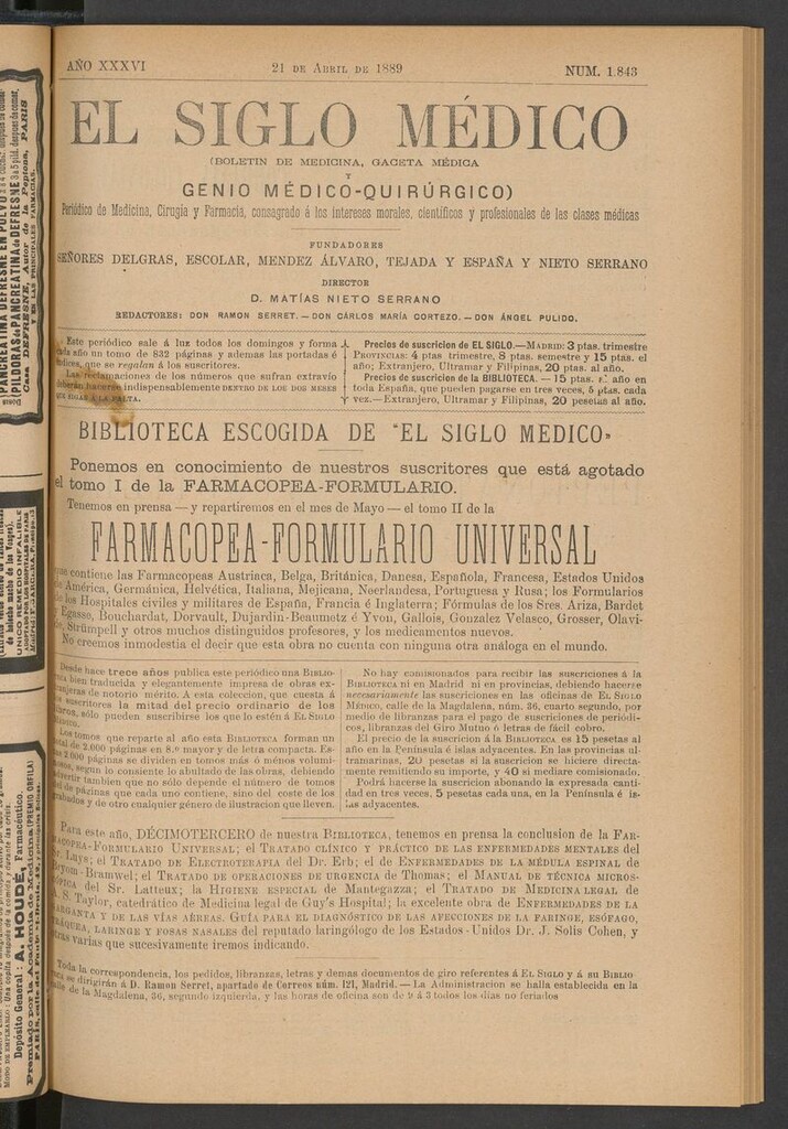 Miniatura de El Siglo Médico: boletín de medicina y gaceta médica del 21 de abril de 1889