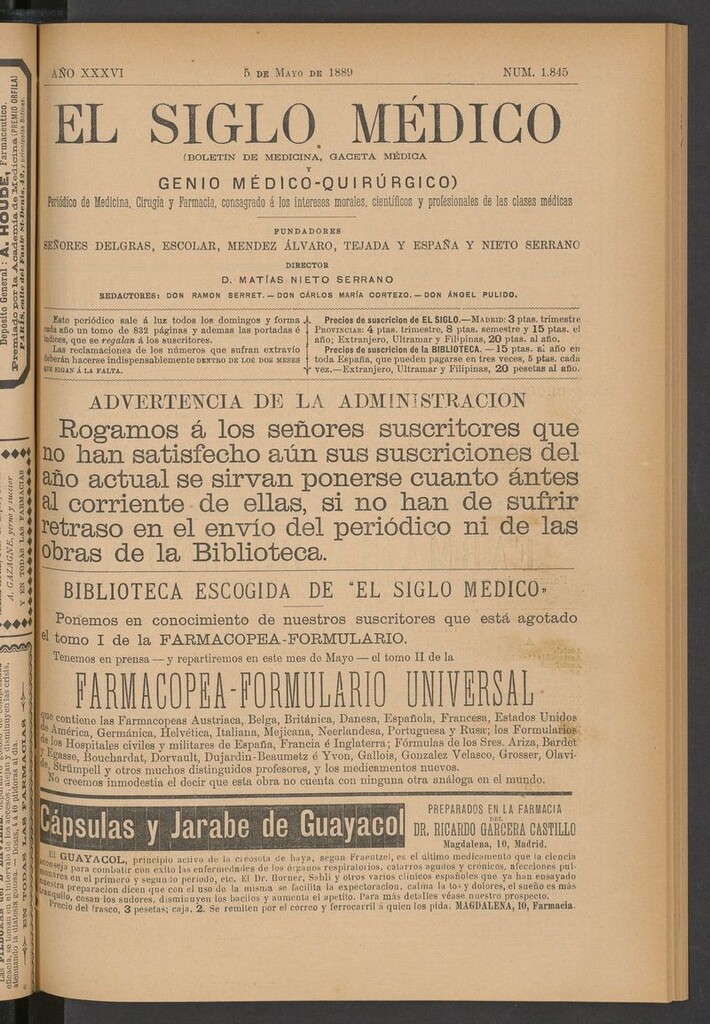 Miniatura de El Siglo Médico: boletín de medicina y gaceta médica del 5 de mayo de 1889