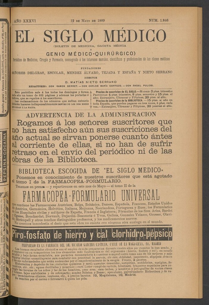 Miniatura de El Siglo Médico: boletín de medicina y gaceta médica del 12 de mayo de 1889