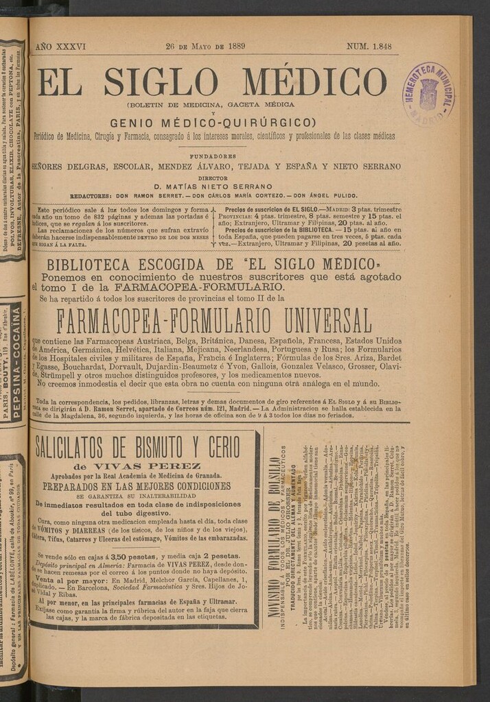 Miniatura de El Siglo Médico: boletín de medicina y gaceta médica del 26 de mayo de 1889