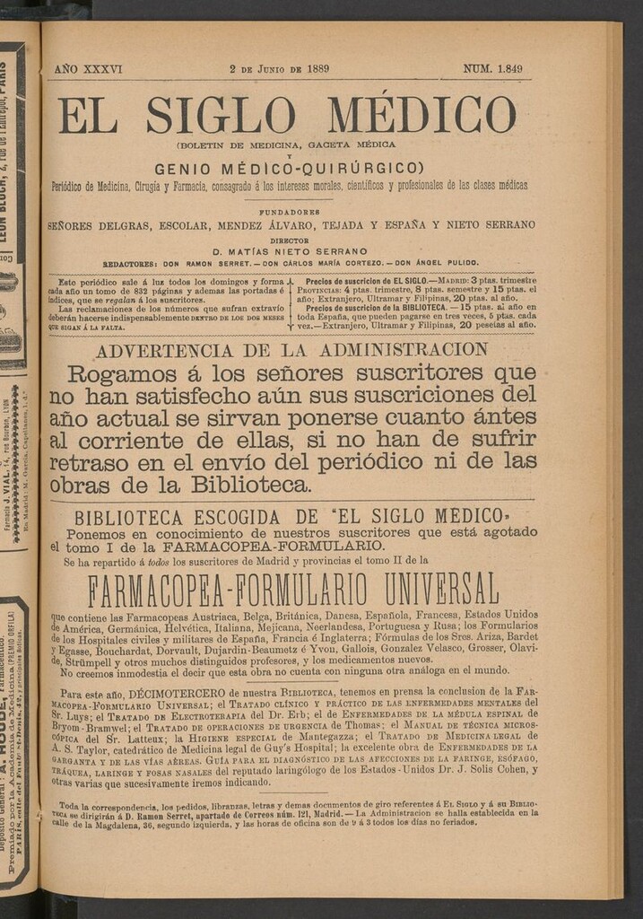 Miniatura de El Siglo Médico: boletín de medicina y gaceta médica del 2 de junio de 1889
