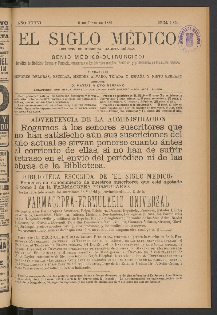 Miniatura de El Siglo Médico: boletín de medicina y gaceta médica del 9 de junio de 1889