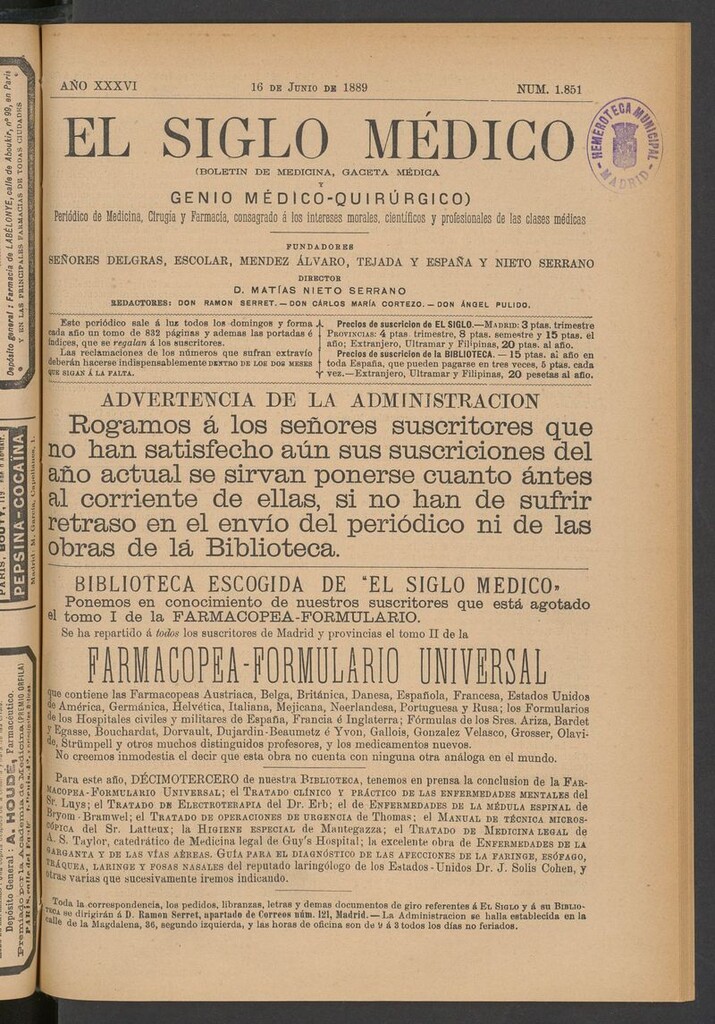 Miniatura de El Siglo Médico: boletín de medicina y gaceta médica del 16 de junio de 1889