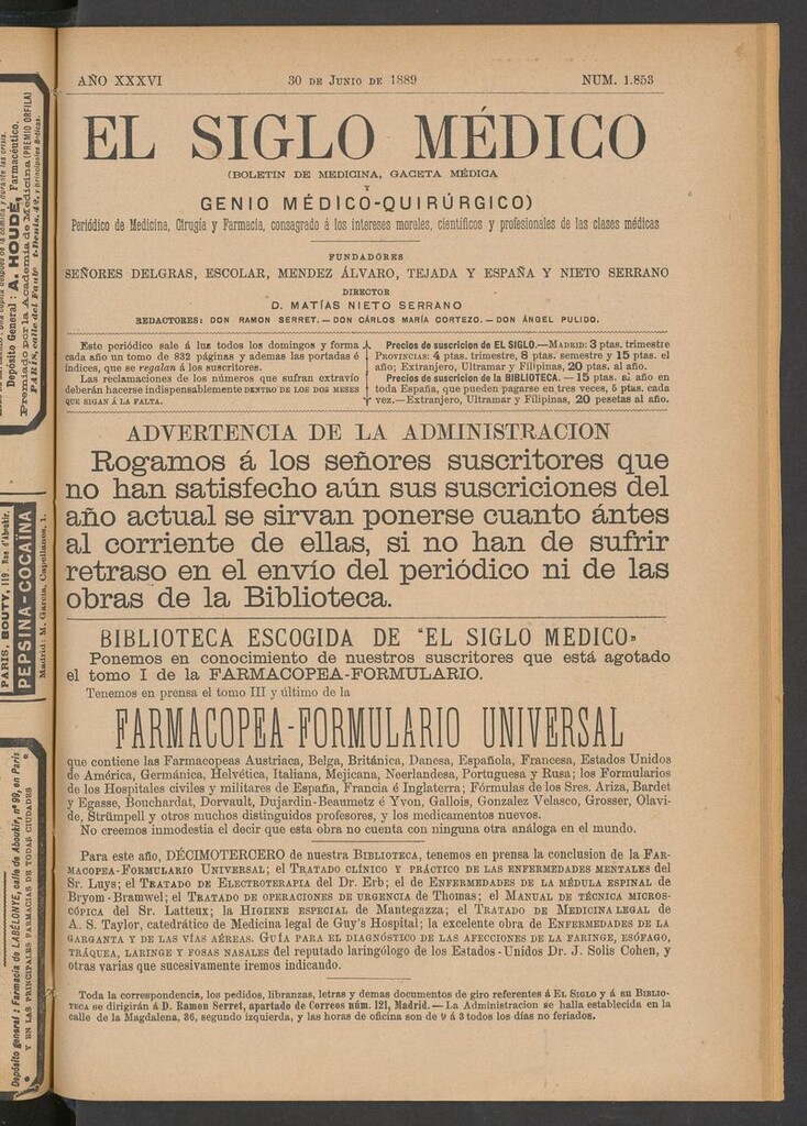 Miniatura de El Siglo Médico: boletín de medicina y gaceta médica del 30 de junio de 1889