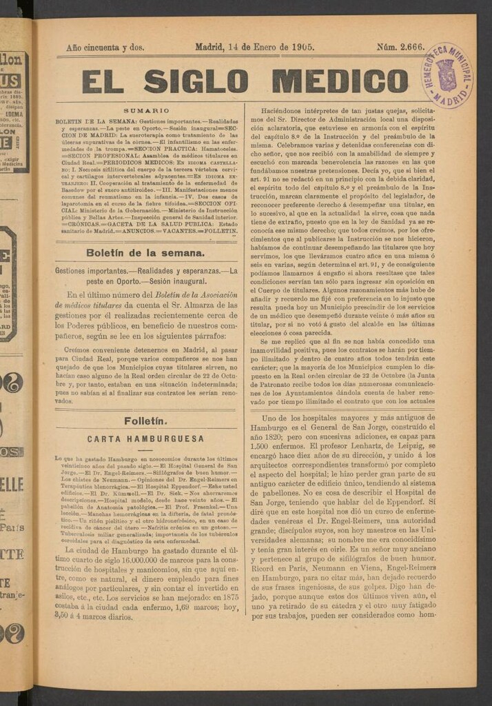 Miniatura de El Siglo Médico: boletín de medicina y gaceta médica del 14 de enero de 1905