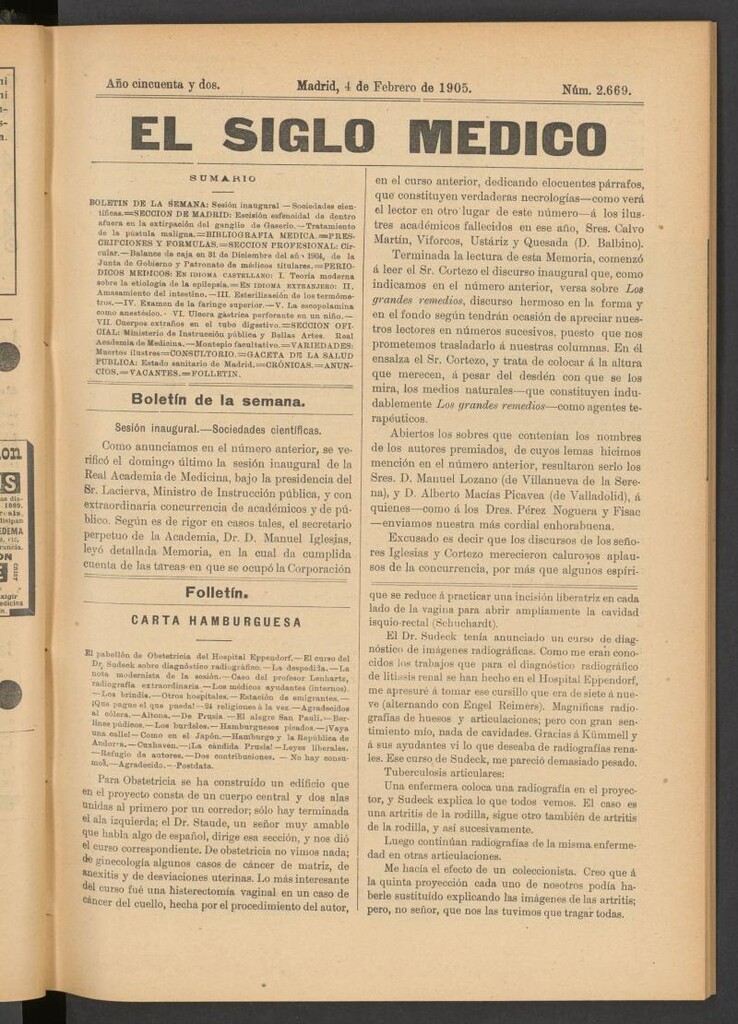 Miniatura de El Siglo Médico: boletín de medicina y gaceta médica del 4 de febrero de 1905
