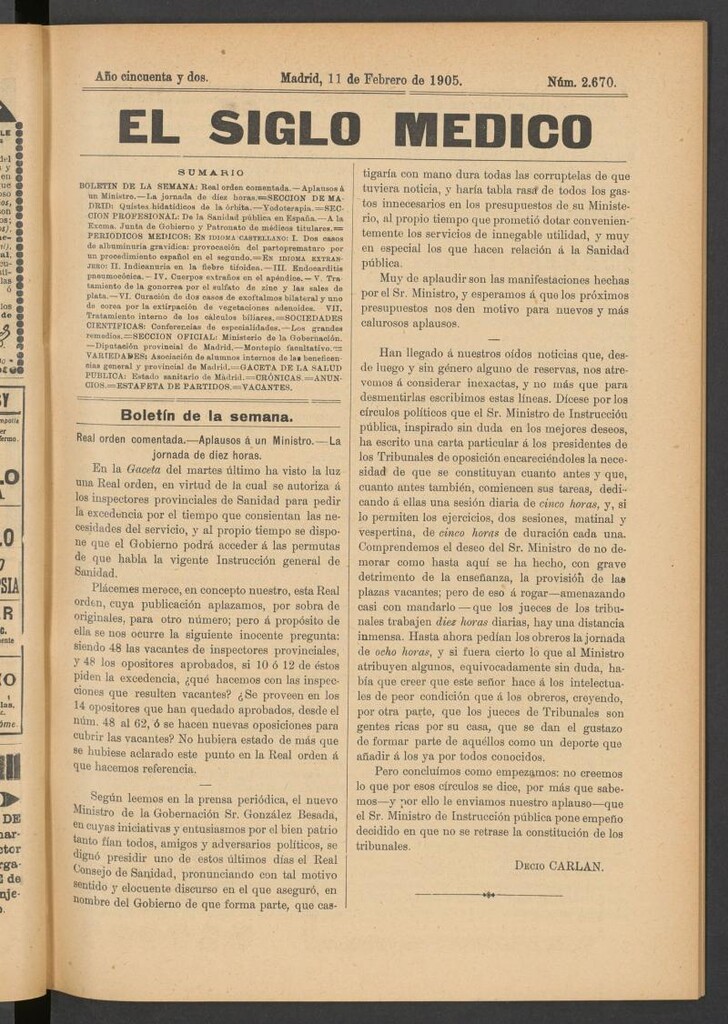 Miniatura de El Siglo Médico: boletín de medicina y gaceta médica del 11 de febrero de 1905