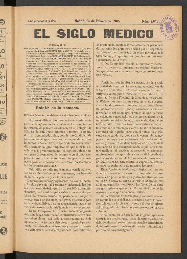 Miniatura de El Siglo Médico: boletín de medicina y gaceta médica del 25 de febrero de 1905