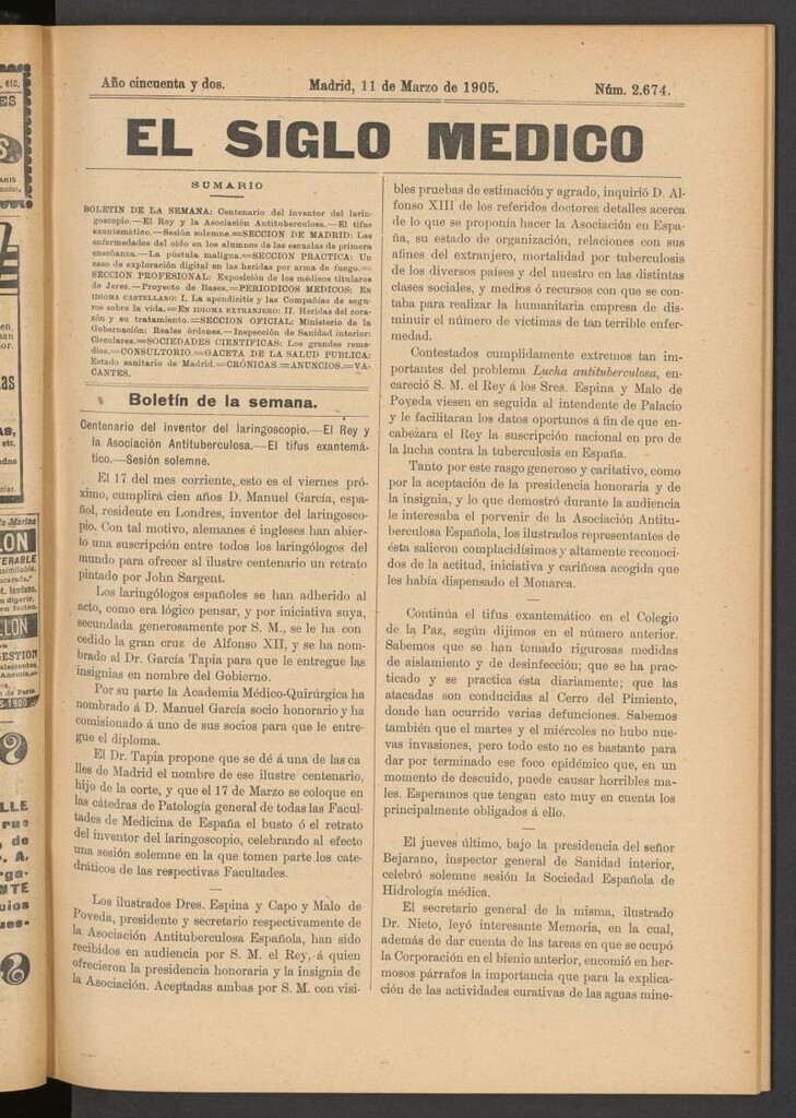 Miniatura de El Siglo Médico: boletín de medicina y gaceta médica del 11 de marzo de 1905