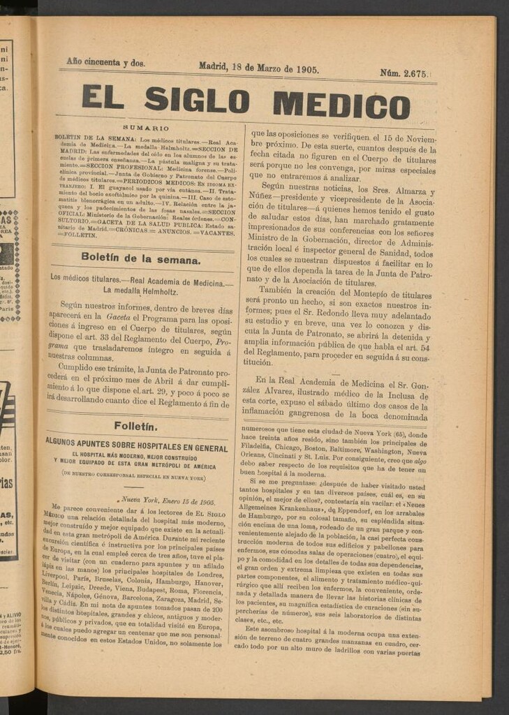 Miniatura de El Siglo Médico: boletín de medicina y gaceta médica del 18 de marzo de 1905