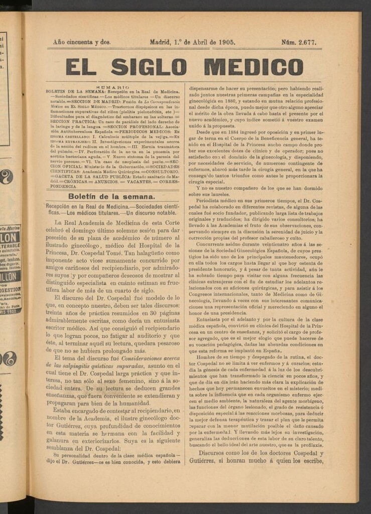 Miniatura de El Siglo Médico: boletín de medicina y gaceta médica del 1 de abril de 1905