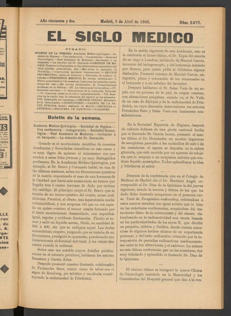 Miniatura de El Siglo Médico: boletín de medicina y gaceta médica del 8 de abril de 1905