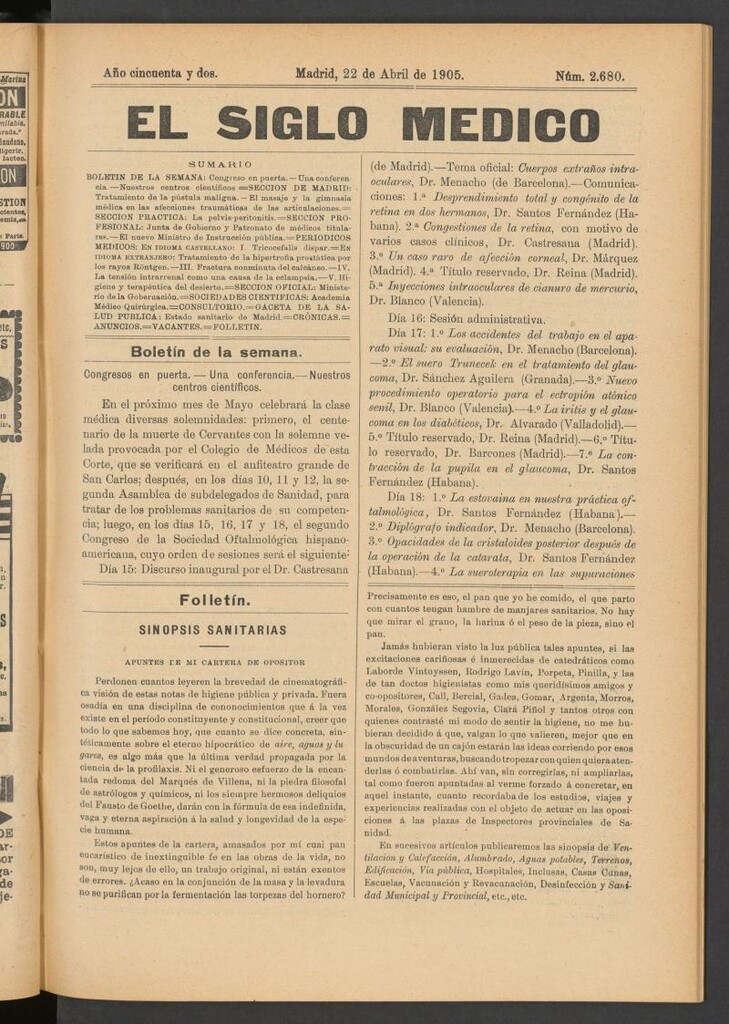 Miniatura de El Siglo Médico: boletín de medicina y gaceta médica del 22 de abril de 1905